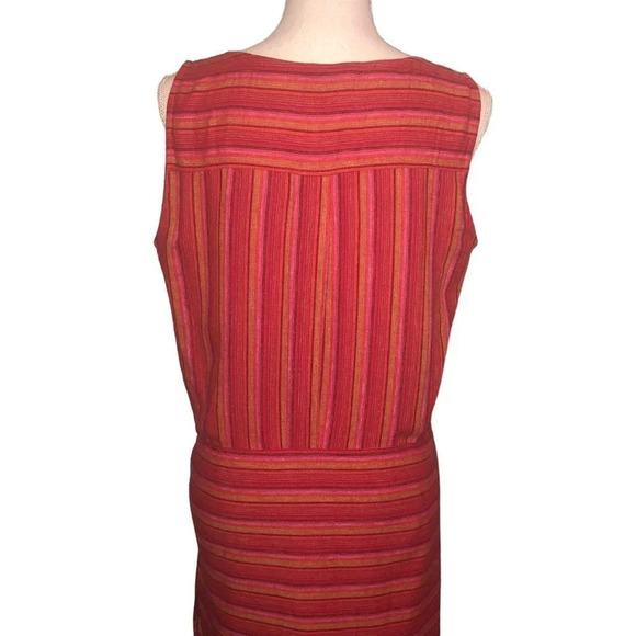 Drew Sz M Women's Striped Red Pink Orange Linen Blend Wrap Waist Tie Front Dress - Picture 9 of 10